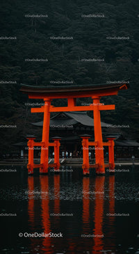 Majestic Torii Gate Reflecting in Calm Waters at Shrine