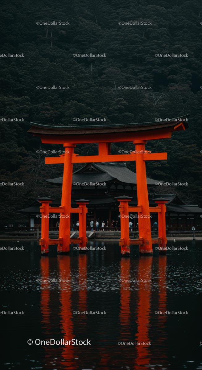 Majestic Torii Gate Reflecting in Calm Waters at Shrine