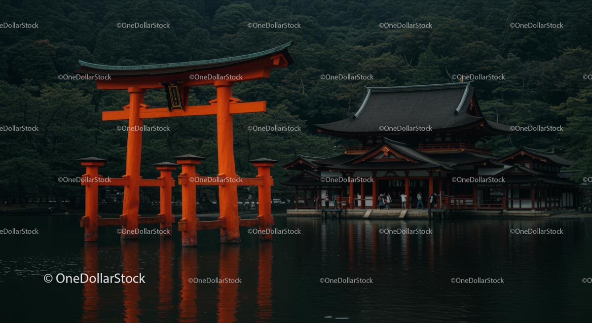Tranquil Japanese Shrine with Red Torii Gate