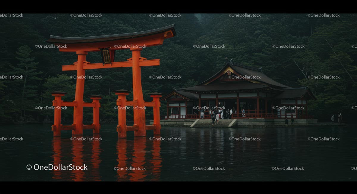 Serene Japanese Torii Gate and Shrine by the Lake