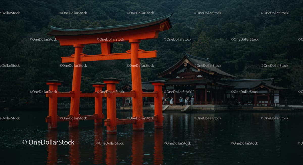 Iconic Japanese Torii Gate Reflecting in Serene Waters