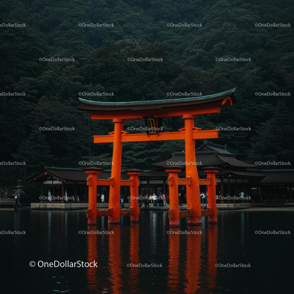 Majestic Orange Torii Gate in Miyajima's Serene Waters