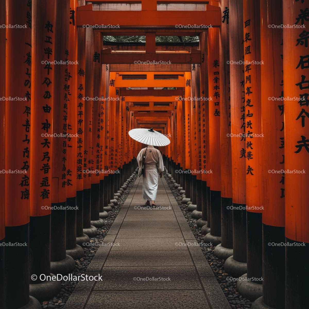 Man Walking Through Vibrant Orange Torii Gates in Kyoto