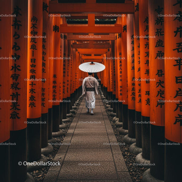 Osoba przechodząca przez bramy torii Fushimi Inari Taisha