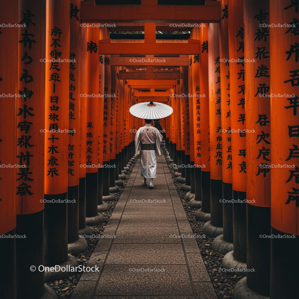 Man Walking Through Vibrant Orange Torii Gates in Kyoto