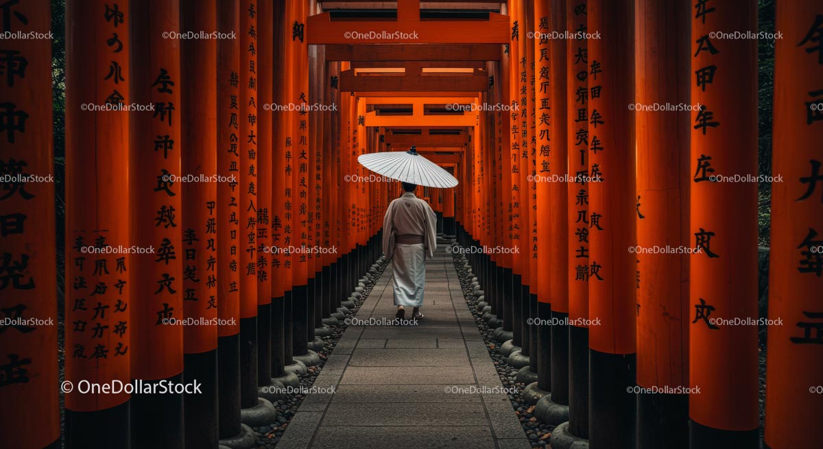 Man Walking Through Vibrant Orange Torii Gates in Kyoto