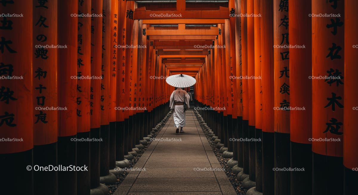 Man Walking Through Vibrant Orange Torii Gates in Kyoto