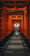 Man in White Robe Walking Through Fushimi Inari Torii Gates