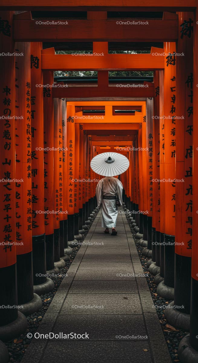 Mężczyzna w białej szacie przechodzący przez bramy Fushimi Inari Torii