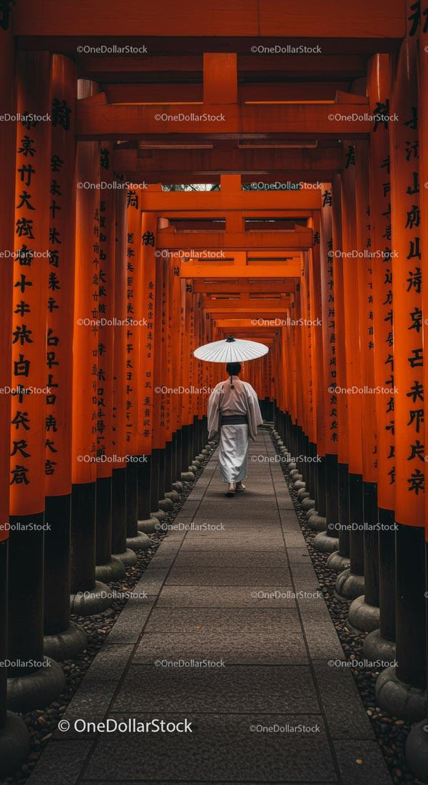 Person Walking through Fushimi Inari's Orange Torii Gates