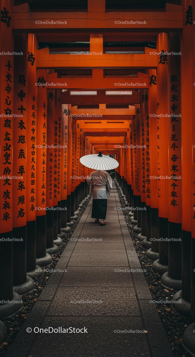 Traditional Torii Gate Pathway in Kyoto Shrine