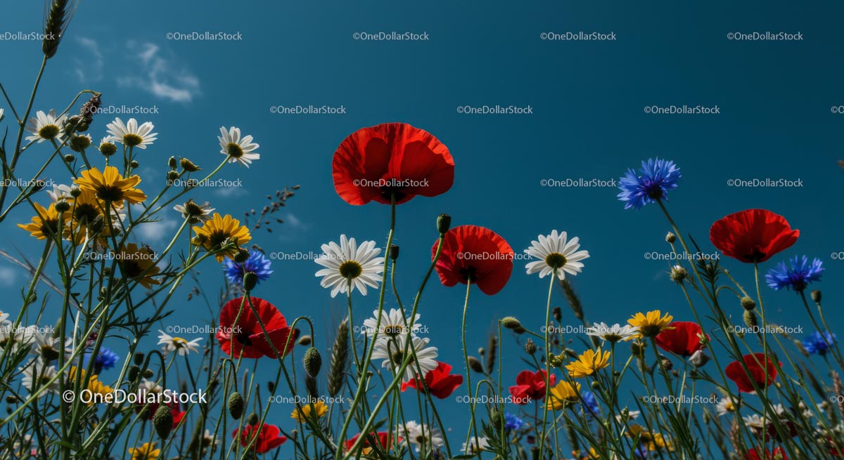 Vibrant Wildflowers in a Sunny Meadow Under Blue Sky