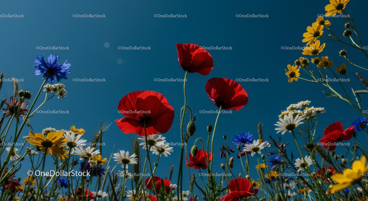 Vibrant Wildflower Meadow with Red Poppies and Blue Cornflowers