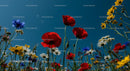 Vibrant Wildflower Meadow with Red Poppies and Blue Cornflowers