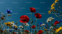 Vibrant Wildflower Meadow with Red Poppies and Blue Cornflowers