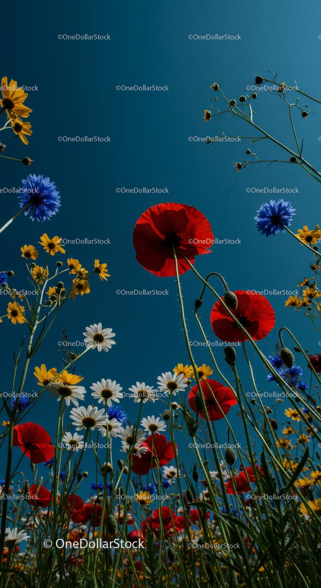 Wildflower Meadow with Red Poppies and Blue Cornflowers