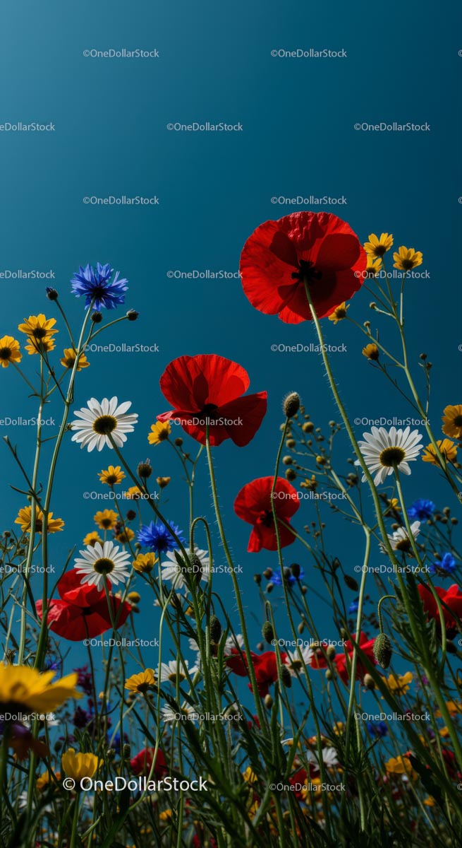 Colorful Wildflowers and Red Poppies Under Blue Sky