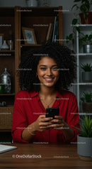 Smiling Woman in Red Shirt Using Smartphone at Desk
