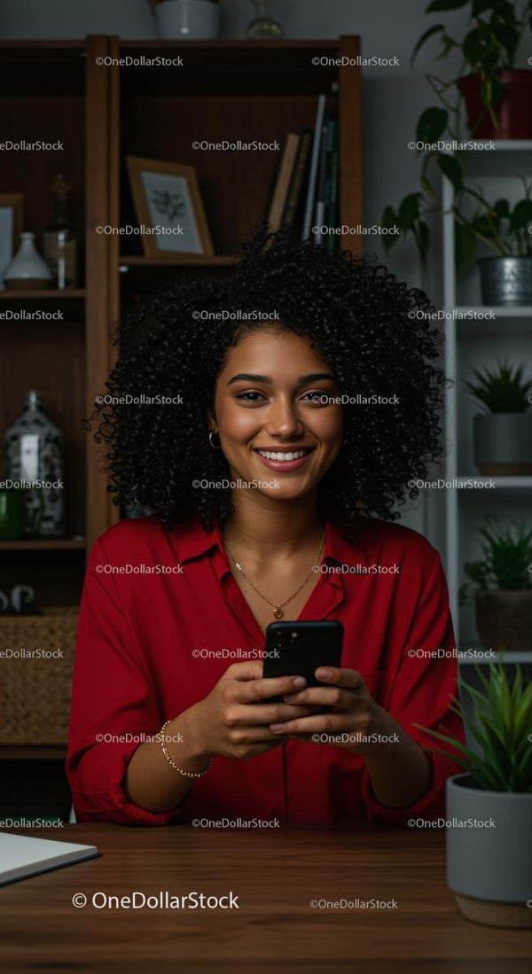 Kobieta z Kręconymi Włosami Uśmiechająca się Trzymając Smartfon (12 Zdjęć)