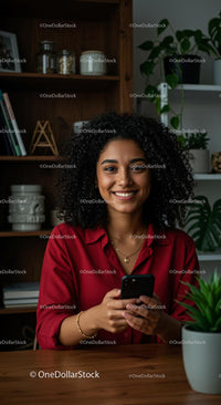 Smiling Woman with Curly Hair in a Cozy Home Office