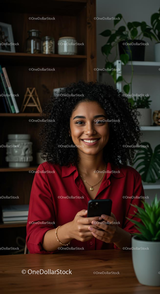 Woman with Curly Hair Smiling While Holding Smartphone
