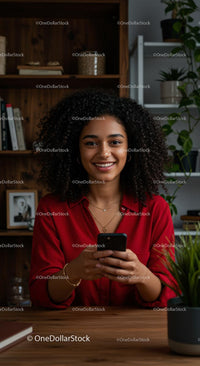 Young Woman Smiling While Using Smartphone in Red Shirt