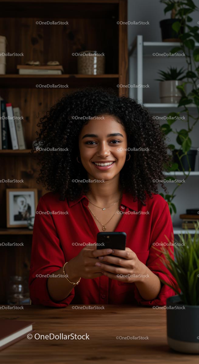 Woman with Curly Hair Smiling While Holding Smartphone