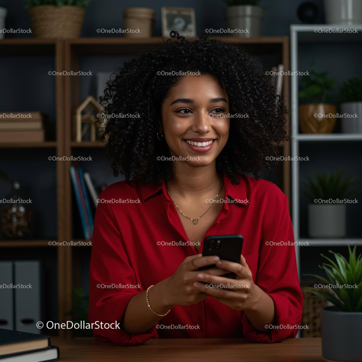 Woman with Curly Hair Smiling While Holding Smartphone