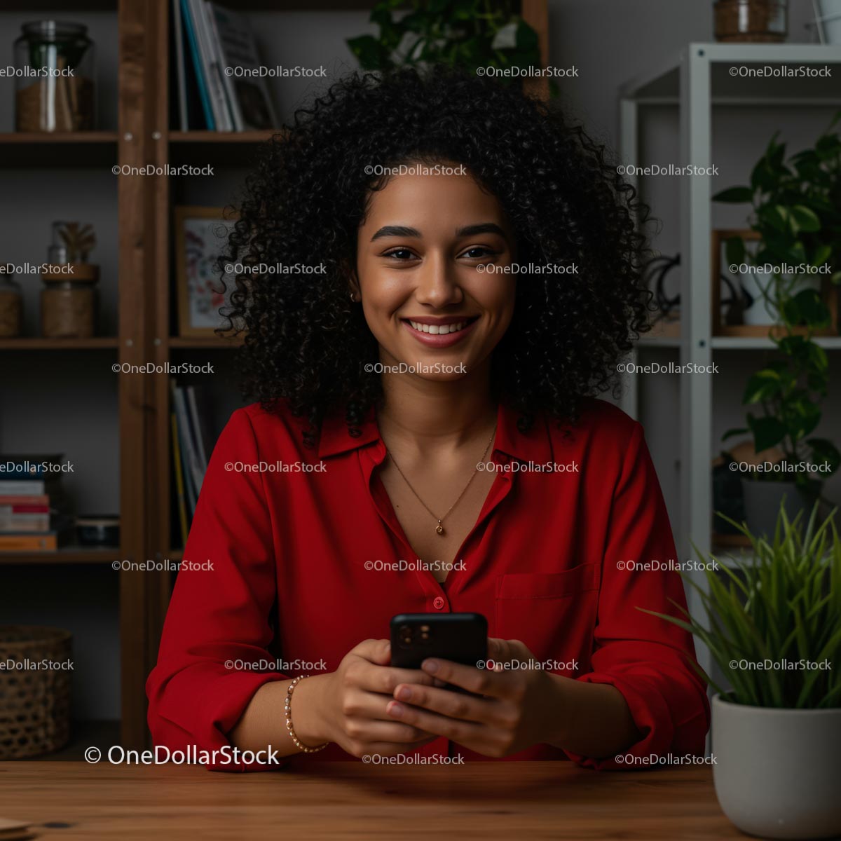 Woman with Curly Hair Smiling While Holding Smartphone