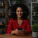 Woman with Curly Hair Smiling While Holding Smartphone