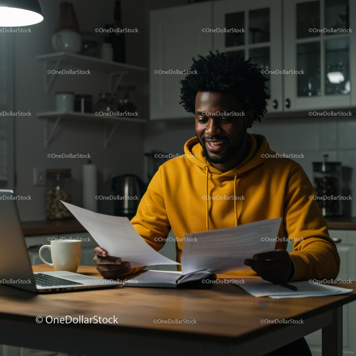 Man Enjoying Reading Documents in Cozy Kitchen Setting