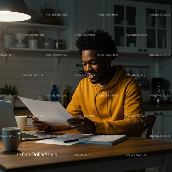 Man Smiling While Reading Documents in a Cozy Home Office
