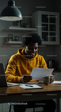 Smiling Man Reading Papers in Modern Kitchen