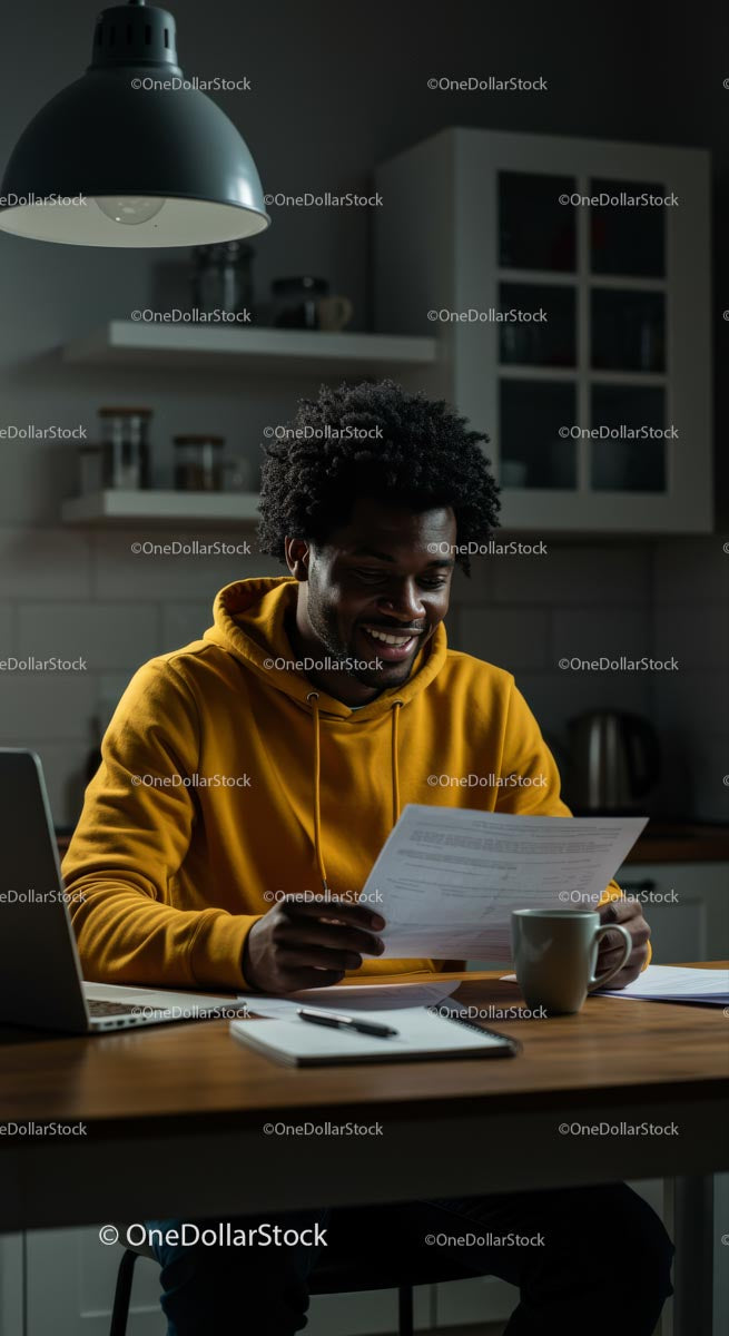 Smiling Man Reading Papers in Modern Kitchen