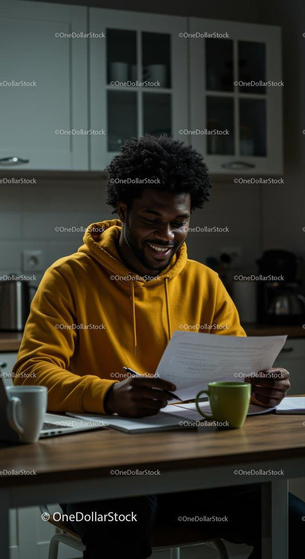 Smiling Man in Yellow Hoodie Reviewing Papers at Home