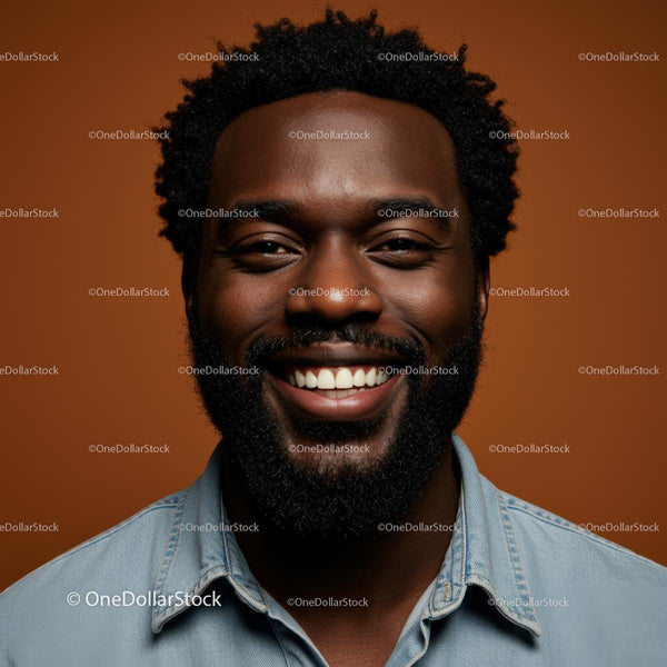 Joyful Man Smiling in Denim Shirt Against Brown Background