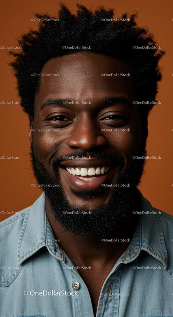 Smiling Man with Afro Hair and Denim Shirt