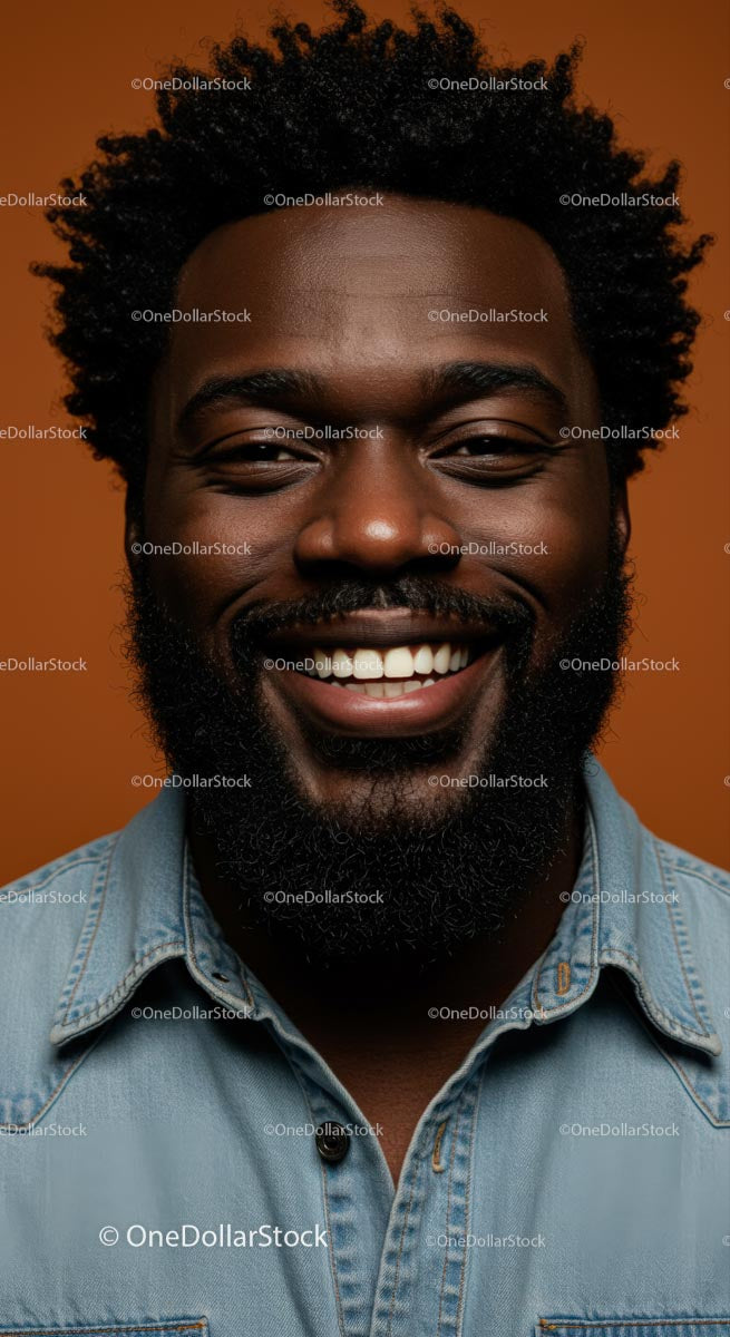 Smiling Man with Afro Hairstyle in Denim Shirt