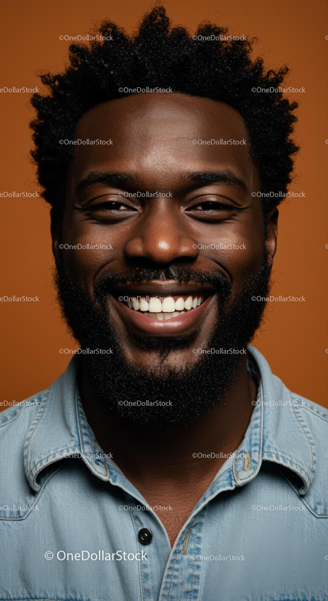 Smiling Portrait of a Man in Denim Against Brown Background