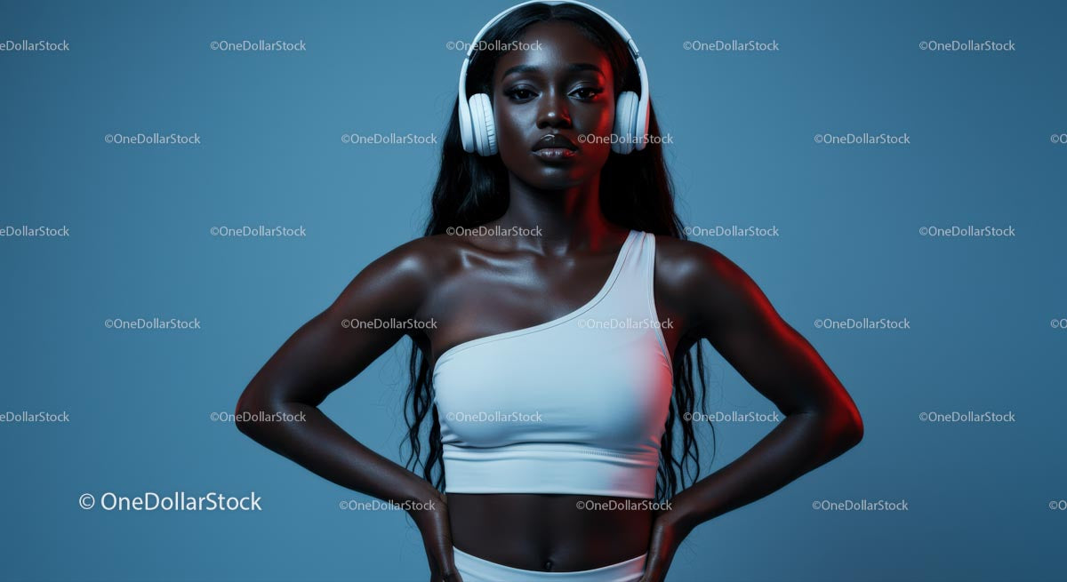 Confident Woman in White Top Wearing Headphones on Blue Background