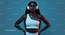 Confident Woman in Headphones Posing Against Blue Background
