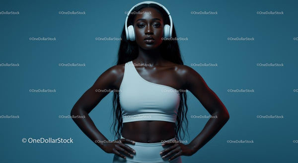 Pewna siebie atletyczna kobieta w studio ze słuchawkami