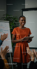 Confident Woman Giving Engaging Presentation in Orange Dress