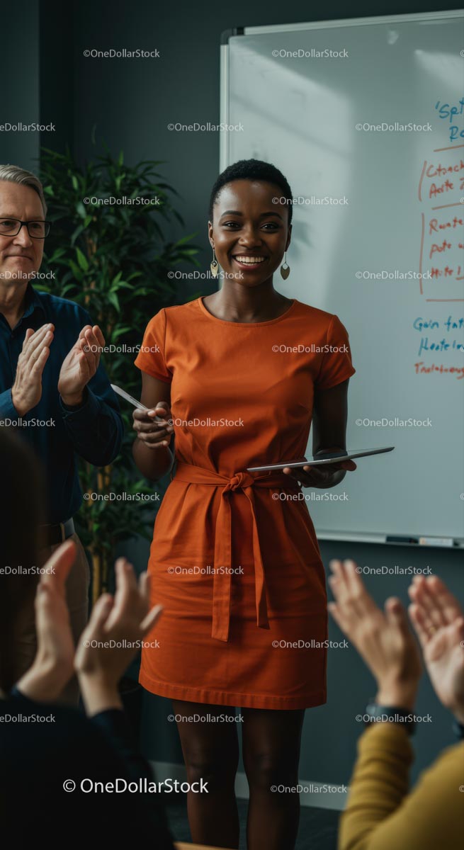 Confident Woman Giving Engaging Presentation in Orange Dress
