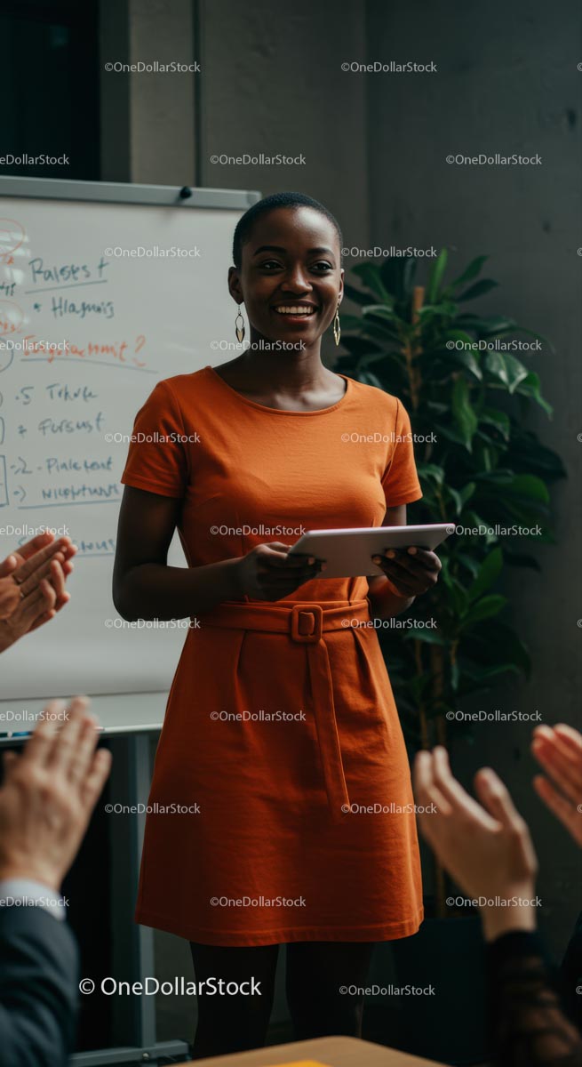 Confident Woman Giving Engaging Presentation in Orange Dress