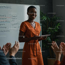 Confident Woman Giving Engaging Presentation in Orange Dress