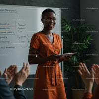 Confident Woman Giving Engaging Presentation in Orange Dress