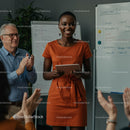 Confident Woman Giving Engaging Presentation in Orange Dress