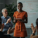 Confident Woman Giving Engaging Presentation in Orange Dress