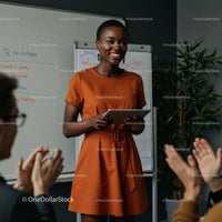 Confident Woman Giving Engaging Presentation in Orange Dress